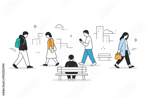 Loneliness in modern cities. Abstract urban scene with disconnected figures moving in different directions, avoiding eye contact. Simple lines and open space