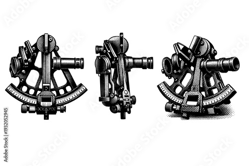 Marine sextant instrument shown in front view, side profile, and angled perspective with detailed arc frame, index arm, mirrors, and telescope in realistic