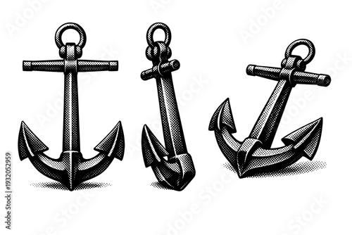 Admiralty anchor displayed in upright front view, side profile, and angled perspective highlighting flukes, shank, and ring with balanced maritime proportions.