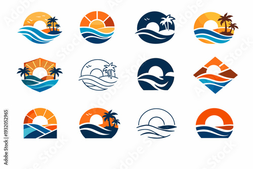 Coastal town. Icon set. Set Logo of coastal town: beach with sun and waves. harmonious logo variations of the same emblematic concept, each with different
