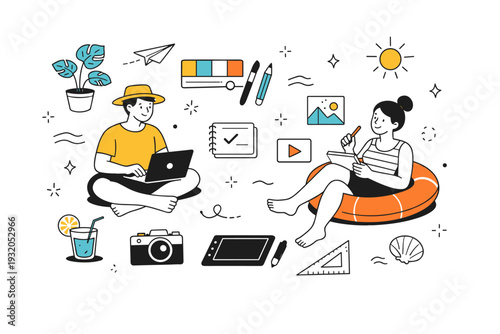 Creative agencies in summer mode. Abstract editorial scene with creative tools, plants, and calm working figures floating in space. Lighthearted productivity
