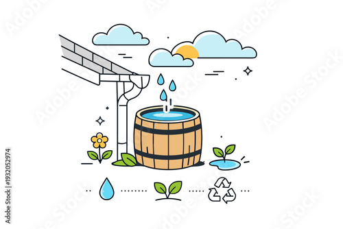 Rainwater collection. A small rain barrel collecting water from a roof with soft clouds above, peaceful environmental scene. Natural cycle and gentle