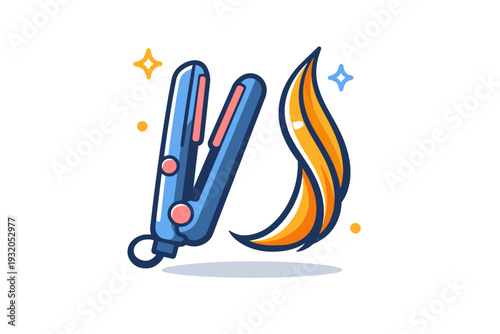 Hair styling tools shown as a flat iron paired with a neat strand of hair, symbolizing precision, control, and sleek modern looks. Minimalist flat vector