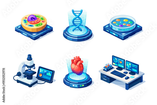 Biology Simulation. Isometric flat vector icons set of Biology Simulation: virtual cell cross-section model, DNA double helix hologram, digital petri dish with