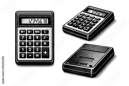 Retro calculator ? handheld electronic calculator. A realistic early handheld calculator represented as one object in three different views emphasizing compact