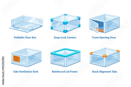 Shoe box system. Isometric flat vector icons set of shoe box system: foldable clear box, snap-lock corners, front opening door, side ventilation