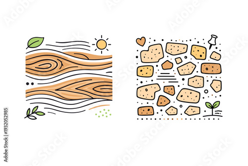 Wood and cork textures. Stylized texture studies inspired by wood grain and cork surfaces. Warm natural structure, renewable resources, calm organic flow