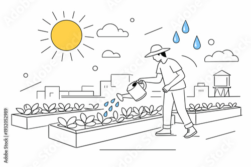 Rooftop farming. Person watering plants on a rooftop farm, long planters aligned rhythmically, sun and water drops abstractly floating. Calm routine of