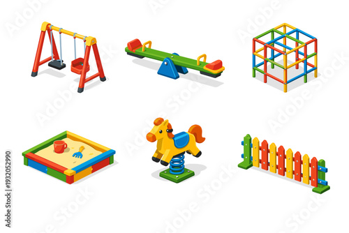 Playground. Isometric flat vector icons set of playground: swing set, seesaw, climbing frame, sandbox, spring rider, safety fence. Arrange all isometric