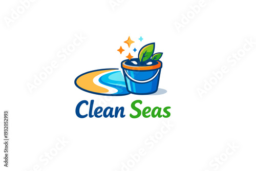 Clean coastline campaign promoting community action and sustainability A simple shoreline curve with a small bucket collecting litter transformed into stars