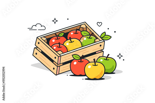 Apple crate still life. A simple wooden crate tipped slightly to reveal bright apples inside, a few fruits resting outside on the ground with soft shadows. The