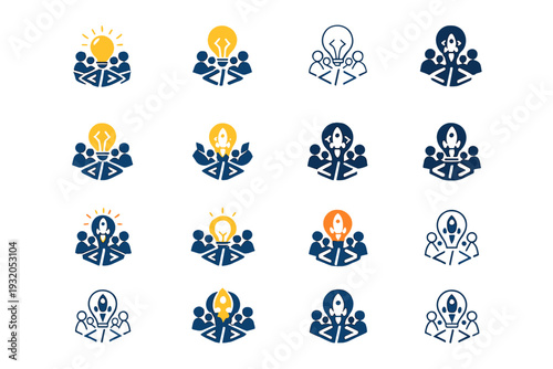 A team of entrepreneurs launching a website or mobile app. Icon set. Set Logo of a team of entrepreneurs launching a website or mobile app: lightbulb and code
