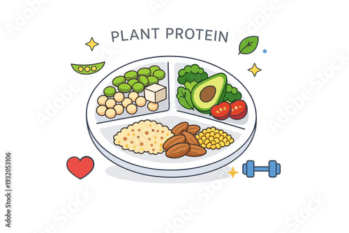Plant-based protein lifestyle concept illustrated with a simple meal plate divided into plant ingredients, conveying clarity, transparency, and