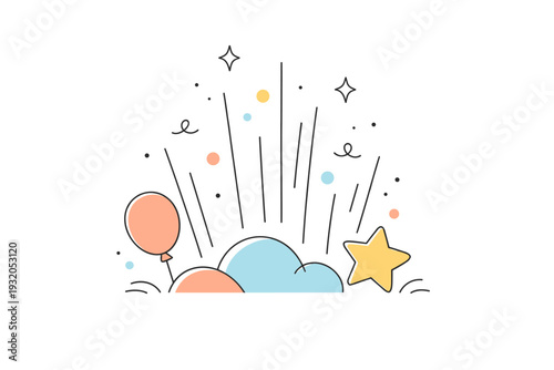 Festive mood metaphor illustration. Soft glowing shapes and upward motion lines forming a gentle sense of excitement and anticipation. Optimistic, light