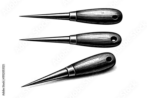 Marlinspike seamanship tool shown in side profile, top view, and angled perspective with tapered metal spike and wooden handle rendered in realistic