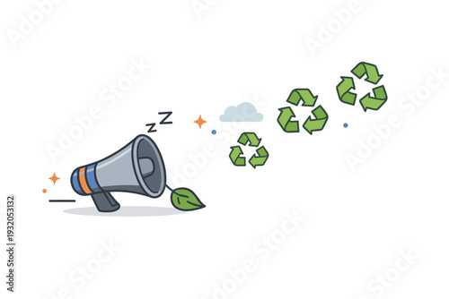 Sustainable fatigue focused on burnout from endless environmental messaging, represented by a muted megaphone and recycling symbols slowly drifting away. The