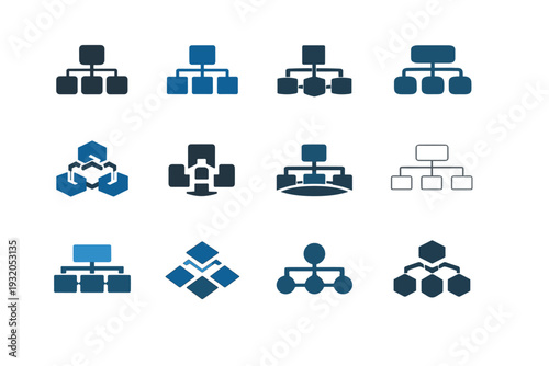 company structure. Icon set. Set Logo of company structure: interconnected departments blocks. harmonious logo variations of the same emblematic concept, each