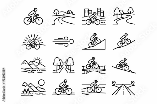 Outdoor Cycling. Line icon set of Outdoor Cycling: cyclist silhouette, countryside road, city bike lane, park trail, sunrise ride, wind motion lines, uphill