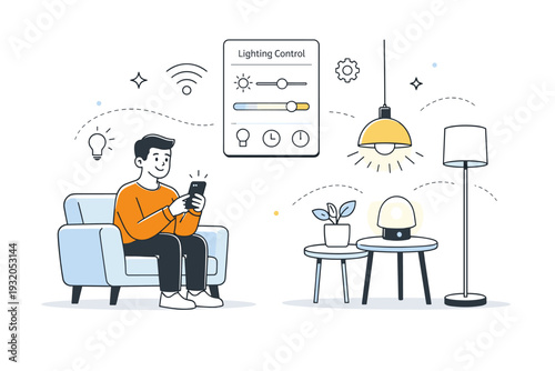 Smart lighting concept. A friendly scene with a person adjusting light settings on a smartphone while modern lamps glow softly. Technology, comfort, and