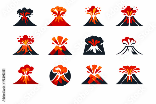 Volcanic eruption. Icon set. Set Logo of Volcanic eruption: volcano with lava flow. harmonious logo variations of the same emblematic concept, each with