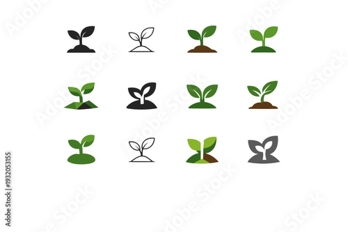 Little tree. Icon set. Set Logo of Little tree: sapling with two leaves. harmonious logo variations of the same emblematic concept, each with different