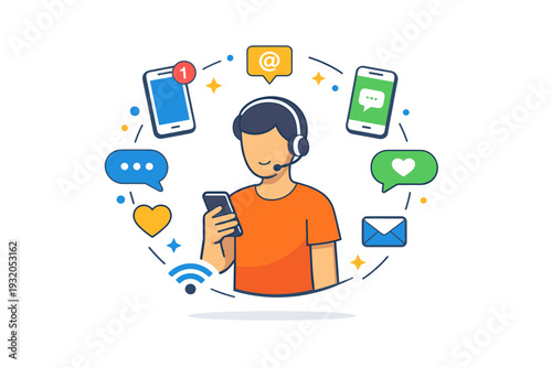 Always online culture reflected in a human figure surrounded by floating smartphones and chat icons forming a soft circular frame. The scene communicates
