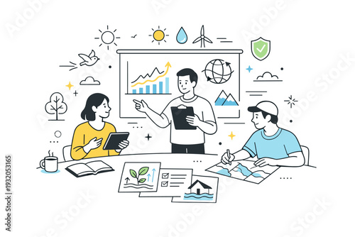 Climate adaptation strategies. Calm editorial scene of people reviewing climate data and planning adaptive solutions, showing foresight and responsible
