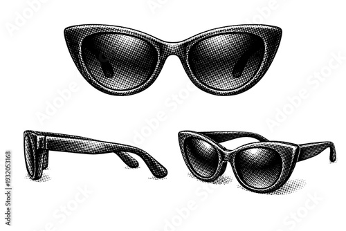 Fashion sunglasses object shown in three views including front view, side view, and three-quarter view emphasizing frame curvature and lens volume. Black and