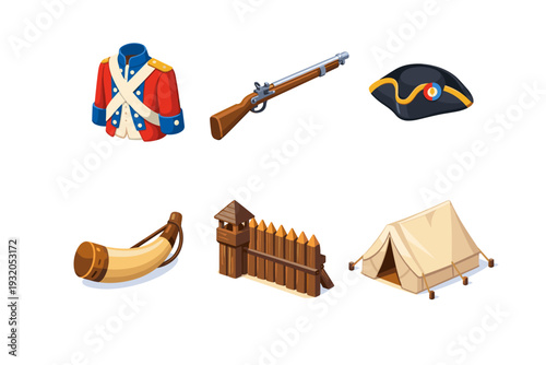 ColonialReenactment. Isometric flat vector icons set of ColonialReenactment: colonial soldier uniform, musket rifle, tricorn hat, powder horn, wooden fort