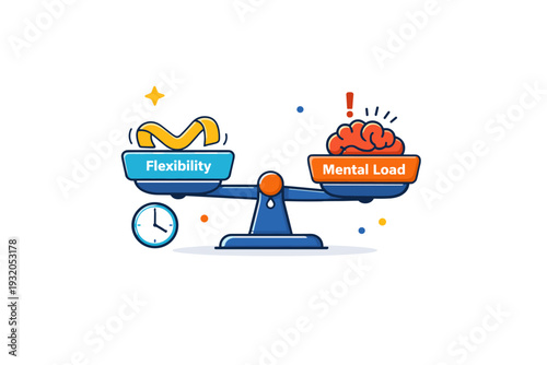 Asynchronous work stress mindset symbolized by a balance scale holding flexibility on one side and mental load on the other, expressing the emotional cost of