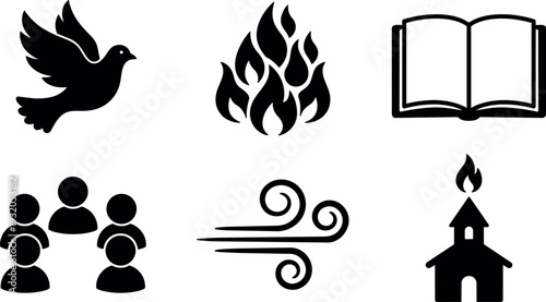 Flat design icon set showing dove flame open book congregation wind and church with flame symbolizing pentecost spirit black silhouette