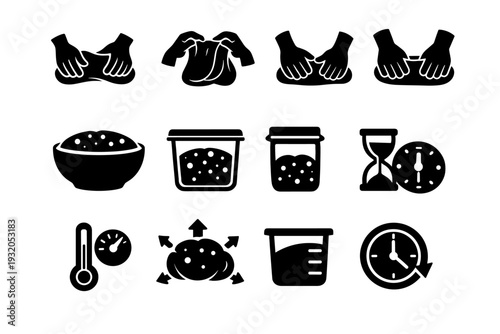 Making sourdough bread at home. Solid icon set of Making sourdough bread at home: stretch and fold, coil fold, dough folding hands, dough strengthening, bulk
