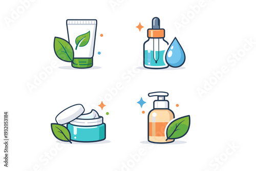 Skincare minimal set highlighting natural ingredients represented by simple cosmetic containers paired with a leaf or droplet symbol, conveying purity and