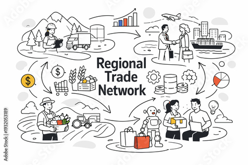Regional Trade Network. Stylized regions linked by arrows, charts, and simple icons of goods and services moving between them. Energetic yet balanced