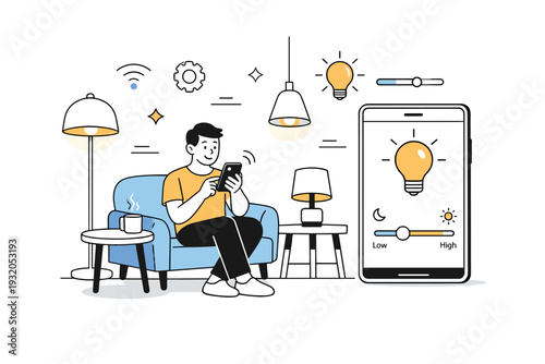 Smart lighting concept. A friendly scene with a person adjusting light settings on a smartphone while modern lamps glow softly. Technology, comfort, and
