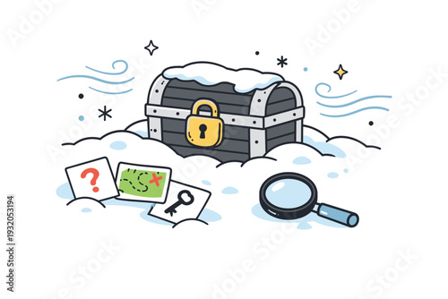 Locked treasure chest in snow. A mysterious chest half-buried in snow with scattered clue cards and a magnifying glass nearby, gentle wind lines suggesting
