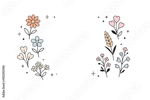 Romantic pressed florals. Soft dried flowers arranged asymmetrically with gentle spacing and light decorative accents. Tender mood, intimacy, and