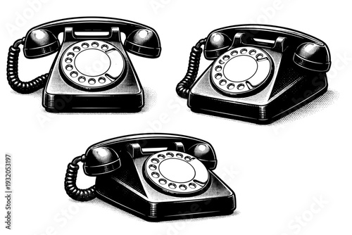 Rotary Phone ? blank unlabeled dial. A rotary phone with a clean unlabeled dial and smooth surfaces, shown as one consistent phone represented in three