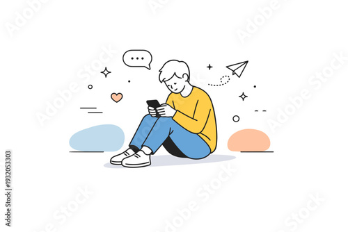 Modern loneliness. A single person sitting with a smartphone, surrounded by empty space and subtle abstract shapes. Quiet mood of digital connection without