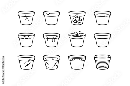 Used flower pot. Line icon set of used flower pot: cracked flower pot, chipped clay pot, recycled plant pot, old terracotta pot, worn rim pot, soil stains pot,
