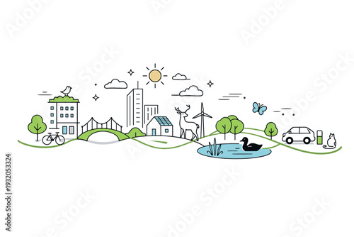 Nature-inclusive city concept. A stylized composition with buildings, streets, and gentle animal silhouettes connected by soft green lines and bridge symbols,