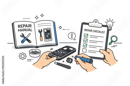 Right to repair. A broken gadget on a desk next to a repair manual and checklist, showing transparency and access to information. Calm problem-solving mood