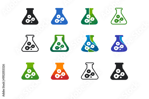 Innovations in biotechnology for healthcare. Icon set. Set Logo of innovations in biotechnology for healthcare: laboratory flask with cells. harmonious logo