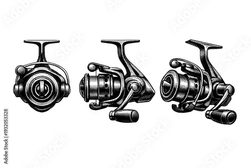 Spinning fishing reel shown in front view, side profile, and angled perspective with spool, bail arm, and handle accurately proportioned and mechanically