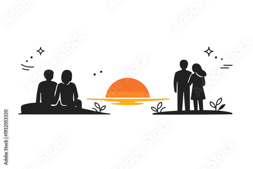 People silhouetted at sunset outdoors. One or two figures sit or stand side by side, reduced to simple shapes against a warm fading sky. Sense of pause,