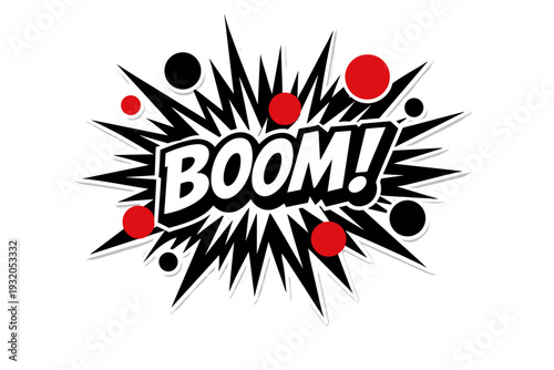 Black and white boom sound effect illustration, explosive comic-style burst as realistic cut-out shape with white outline, bold abstract circles and sharp