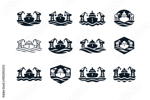 transportation hubs. Icon set. Set Logo of transportation hubs: seaport harbor. harmonious logo variations of the same emblematic concept, each with different