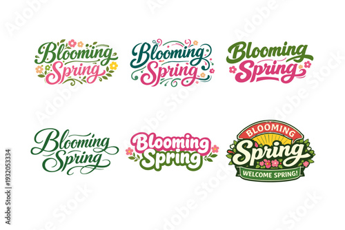 Blooming Spring. Set lettering. harmonious lettering variations of the same emblematic concept, each with different artistic interpretation (Decorative floral