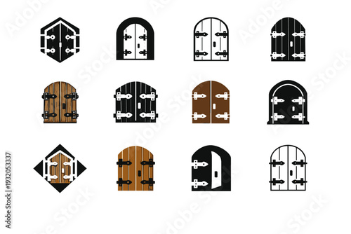 Old Wooden Door. Icon set. Set Logo of old wooden door: door with iron hinges. harmonious logo variations of the same emblematic concept, each with different