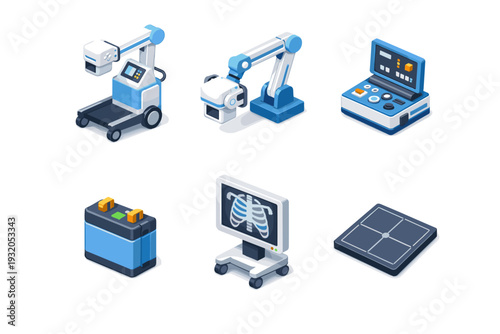 Portable x-ray. Isometric flat vector icons set of portable x-ray: mobile x-ray cart, foldable x-ray arm, portable control unit, battery module, bedside x-ray